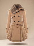 Women's Bow-Tie Waist Wool-Blend Coat with Flared Layered Hem - Beige
