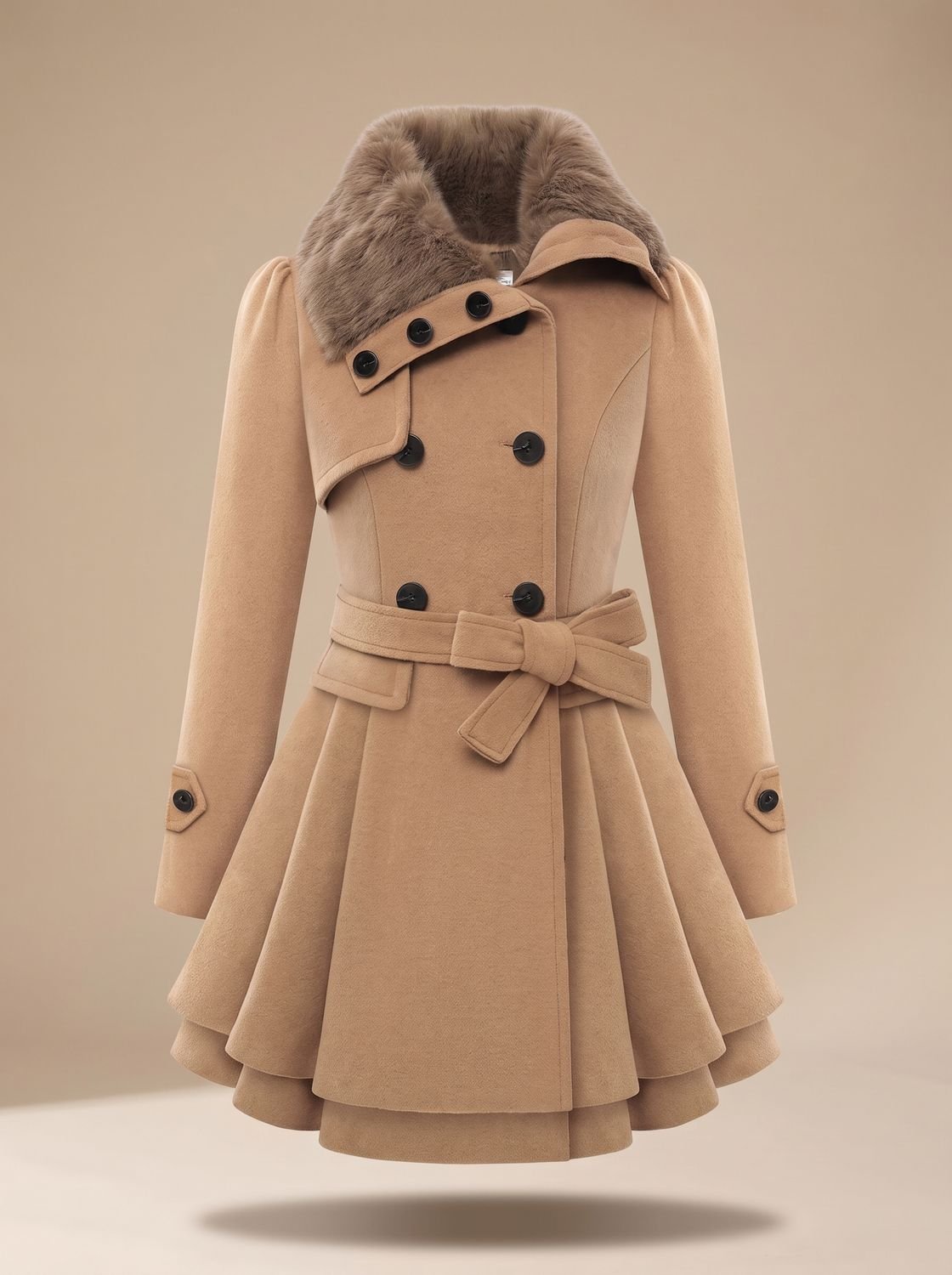 Women's Bow-Tie Waist Wool-Blend Coat with Flared Layered Hem - Beige