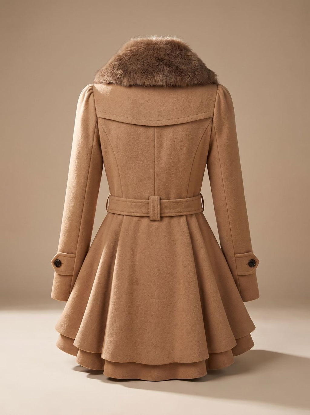 Women's Bow-Tie Waist Wool-Blend Coat with Flared Layered Hem