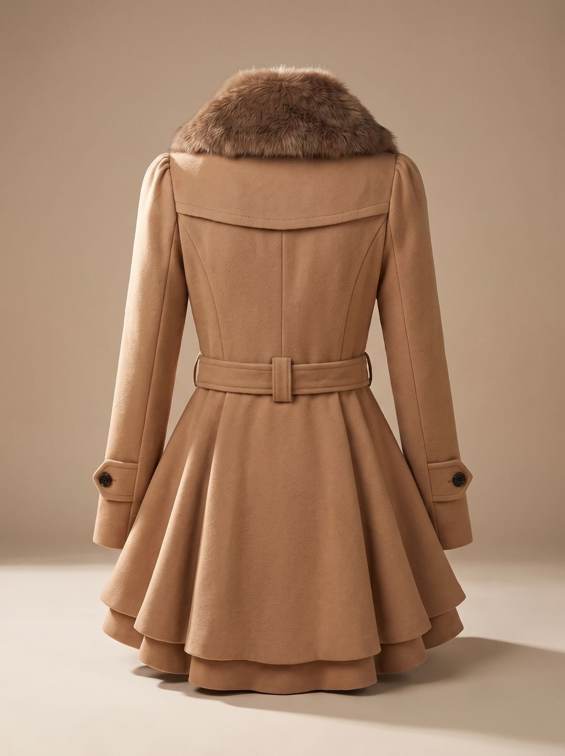 Women's Bow-Tie Waist Wool-Blend Coat with Flared Layered Hem