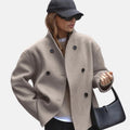 Women's Hip-Length Wool-Look V-Neck Coat with Double-Breasted Front - Brown