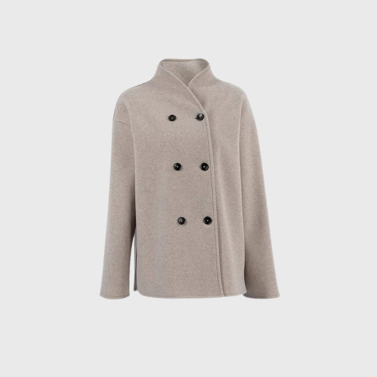 Women's Hip-Length Wool-Look V-Neck Coat with Double-Breasted Front