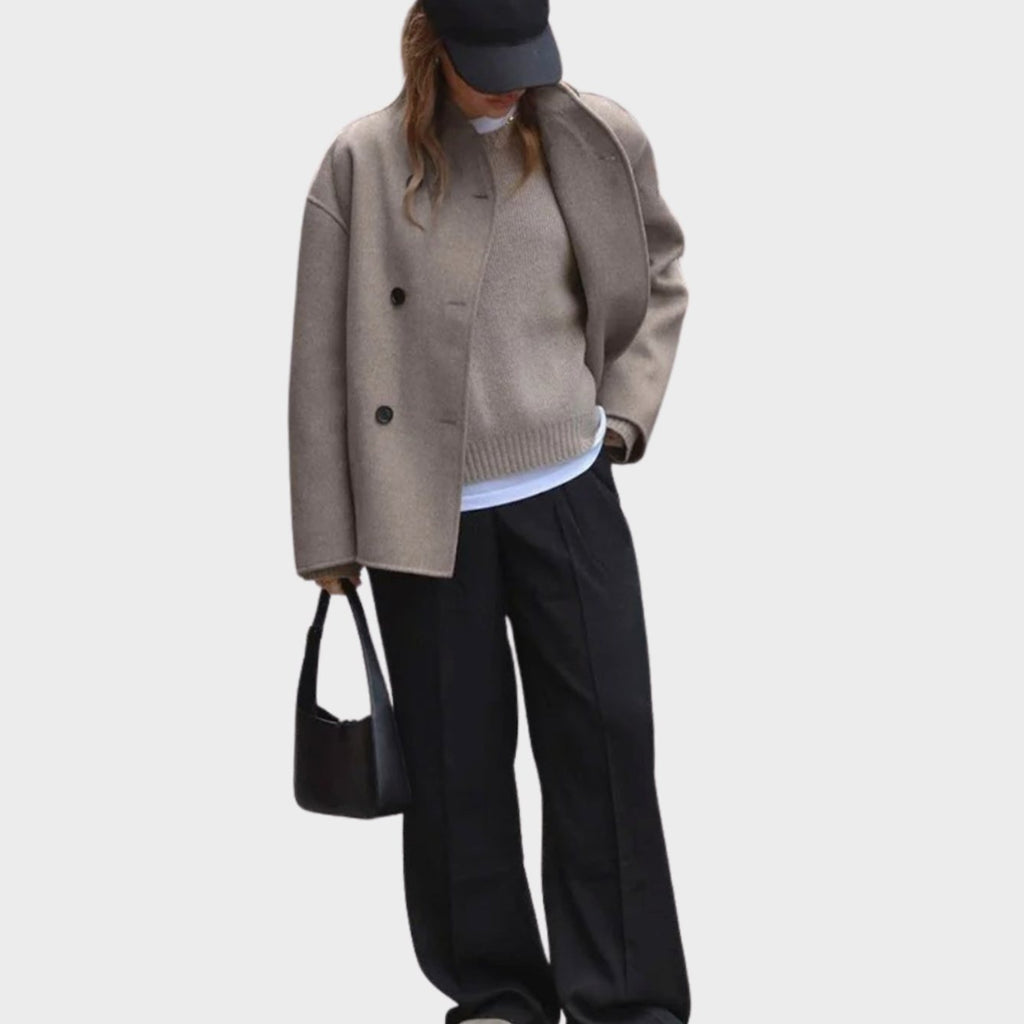 Women's Hip-Length Wool-Look V-Neck Coat with Double-Breasted Front