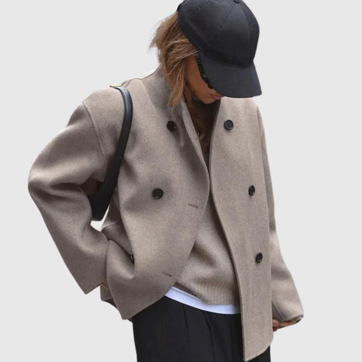 Women's Hip-Length Wool-Look V-Neck Coat with Double-Breasted Front