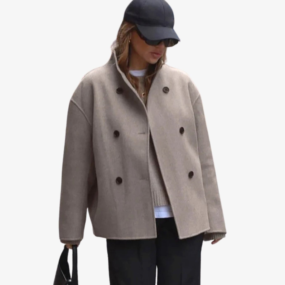 Women's Hip-Length Wool-Look V-Neck Coat with Double-Breasted Front