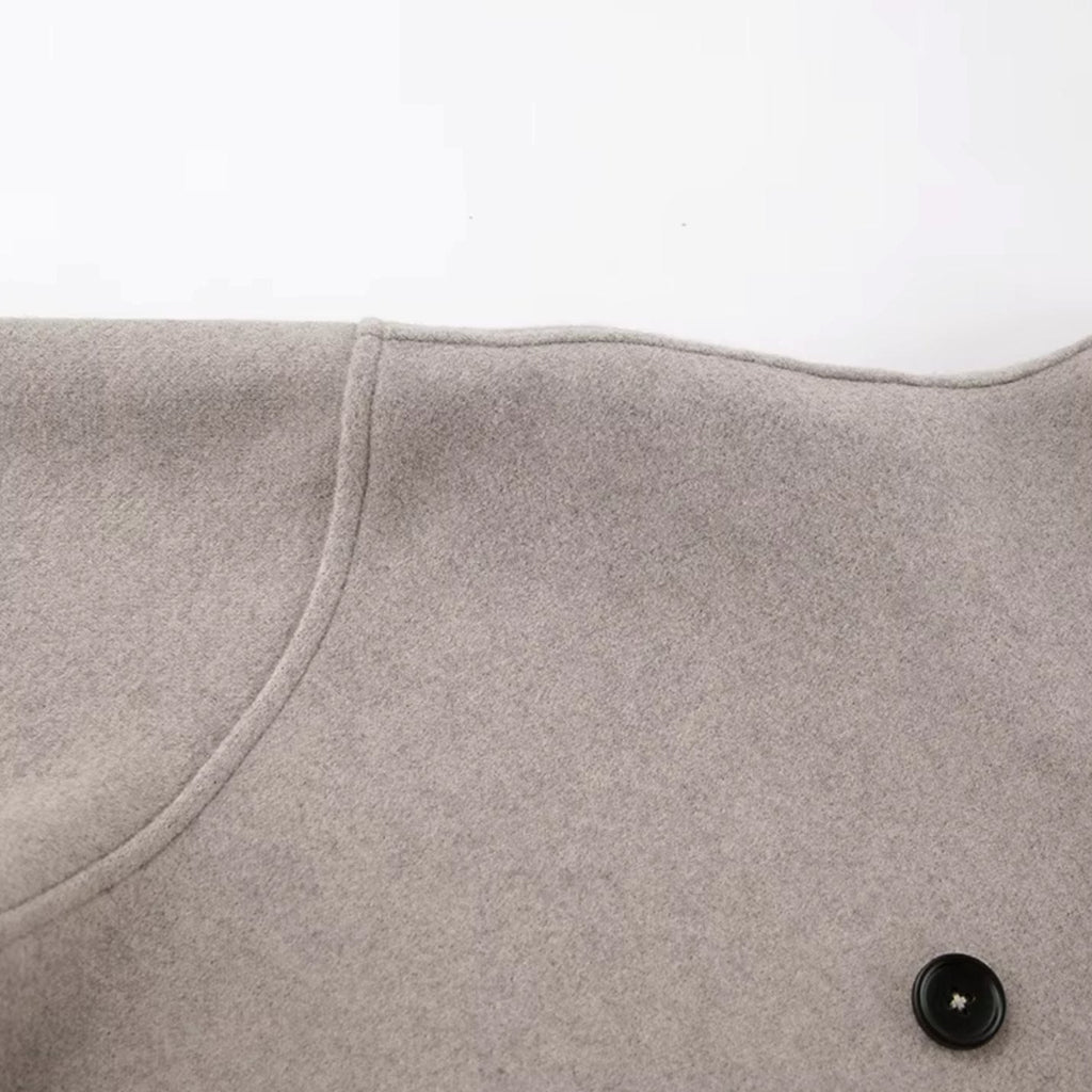 Women's Hip-Length Wool-Look V-Neck Coat with Double-Breasted Front