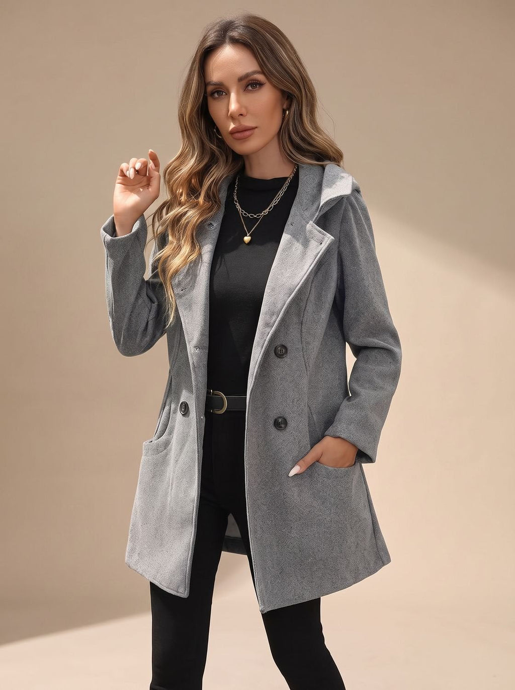 Women's Double-Breasted Wool-Blend Coat with Patch Pockets