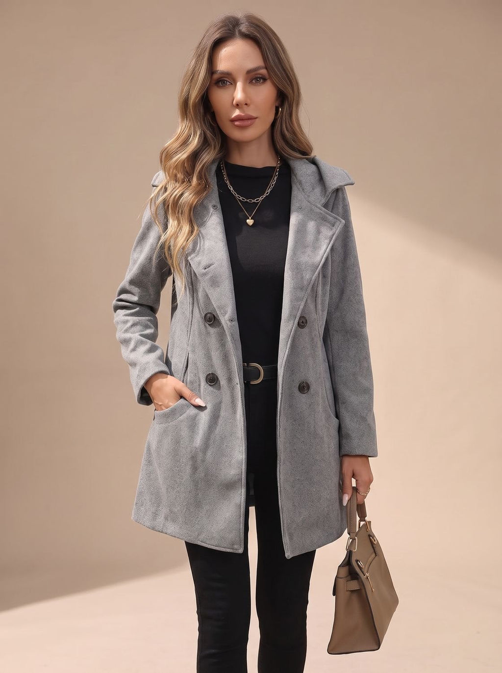 Women's Double-Breasted Wool-Blend Coat with Patch Pockets
