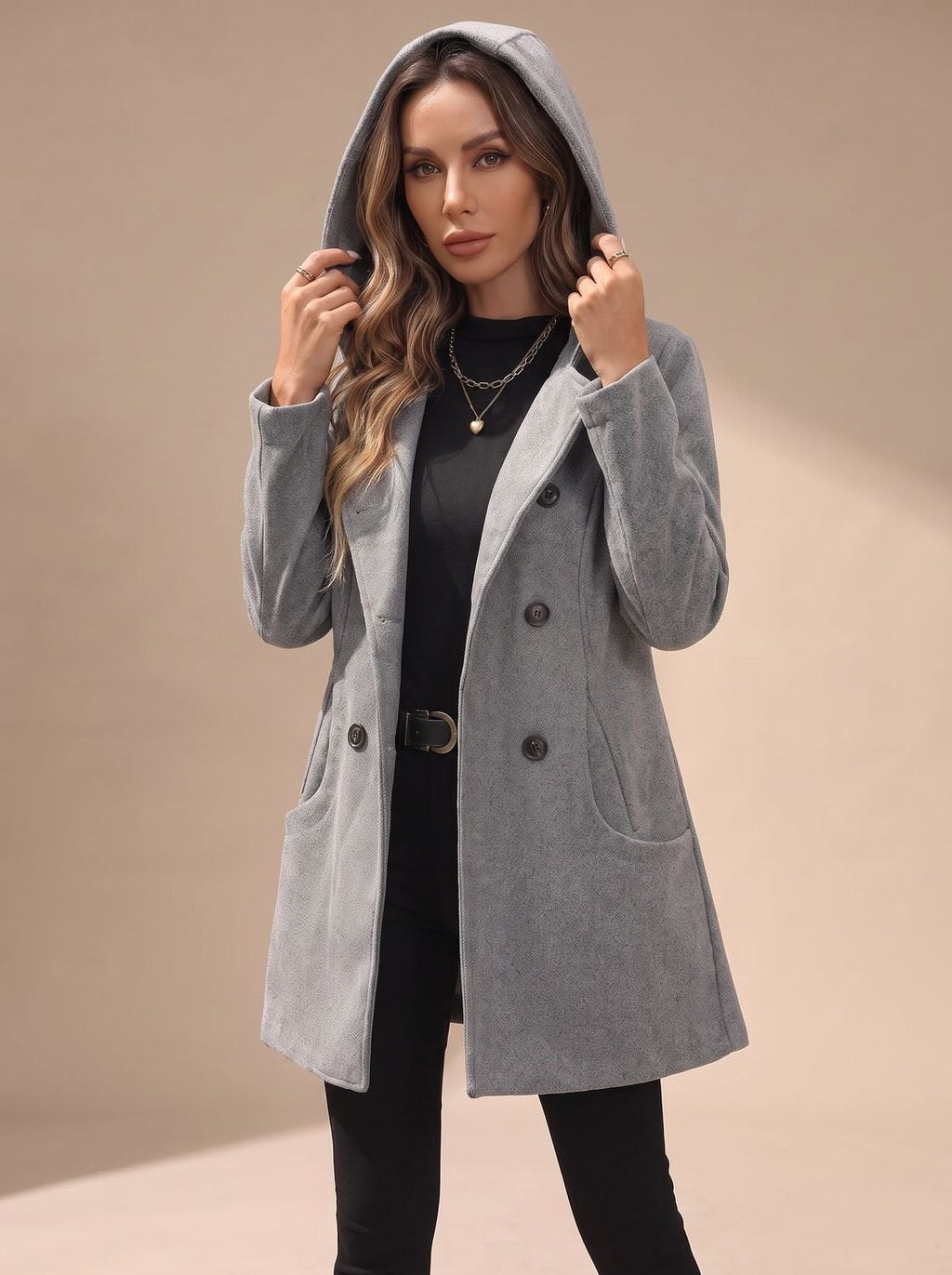 Women's Double-Breasted Wool-Blend Coat with Patch Pockets