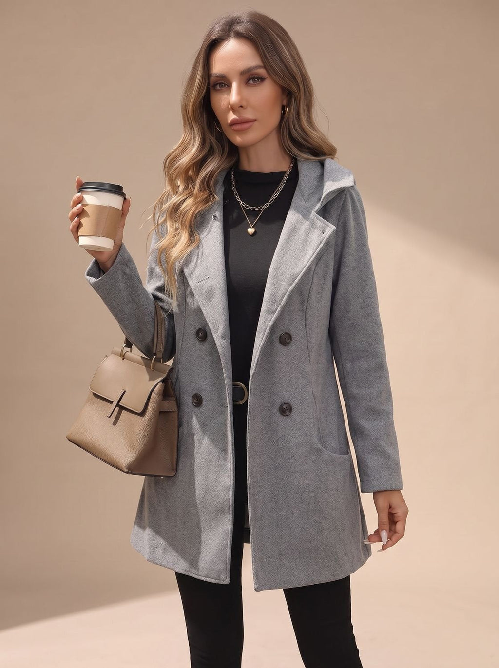 Women's Double-Breasted Wool-Blend Coat with Patch Pockets