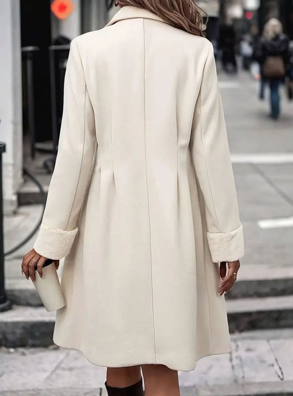 Women's Notch-Lapel Double-Breasted Coat with Textured Boucle Cuffs