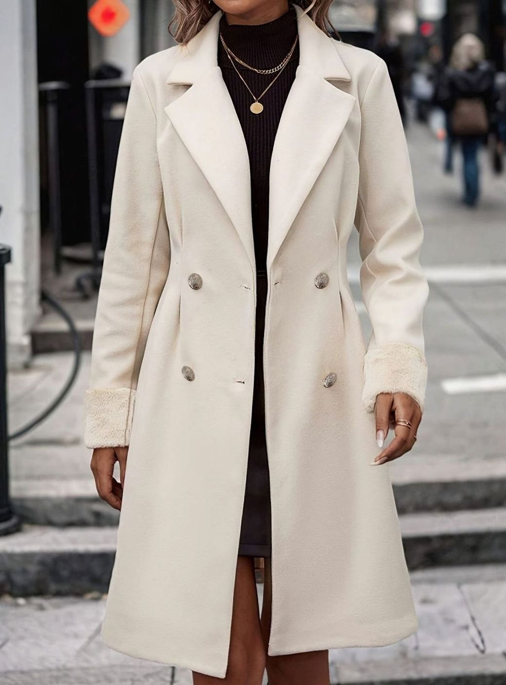 Women's Notch-Lapel Double-Breasted Coat with Textured Boucle Cuffs