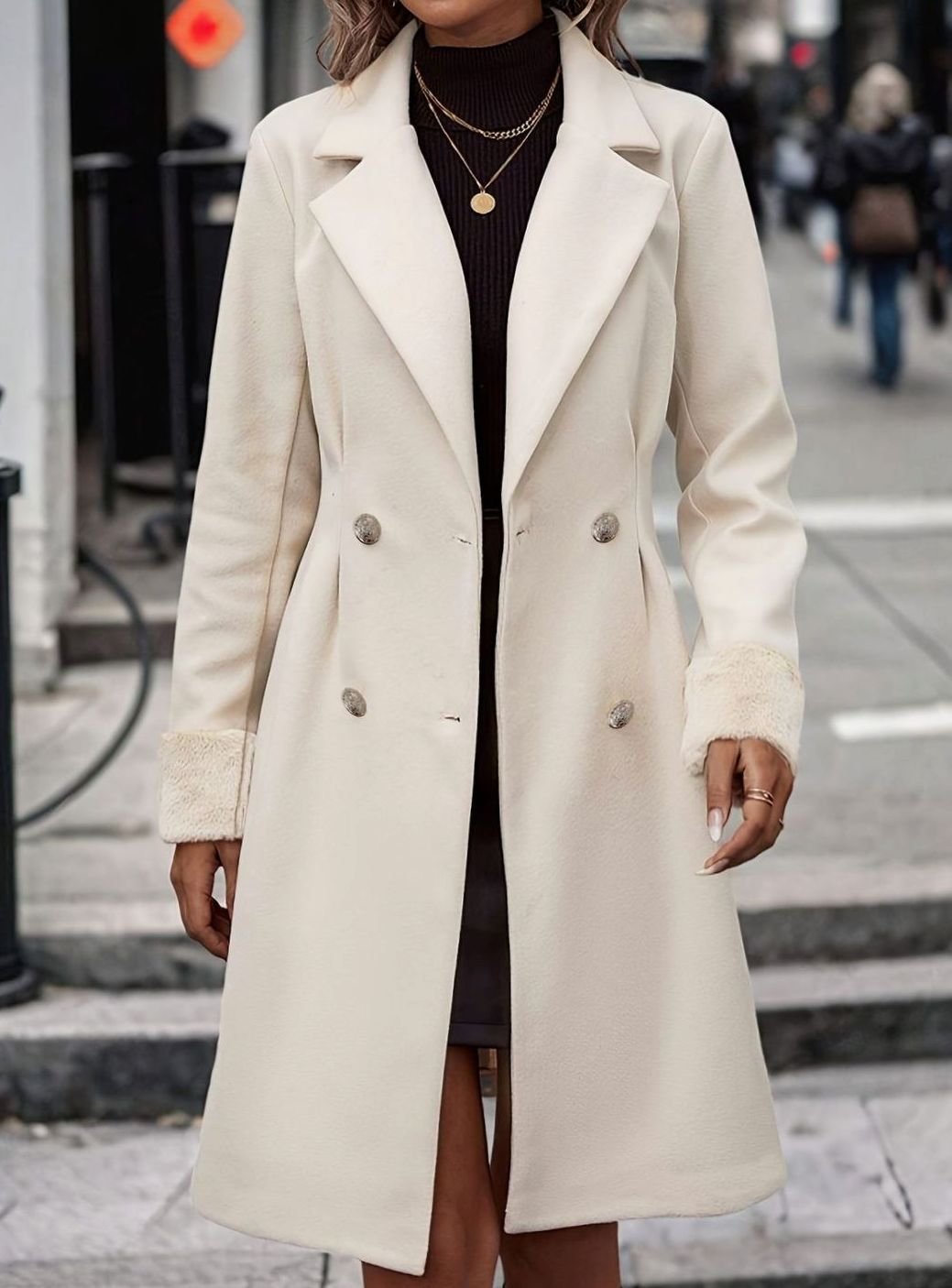 Women's Notch-Lapel Double-Breasted Coat with Textured Boucle Cuffs