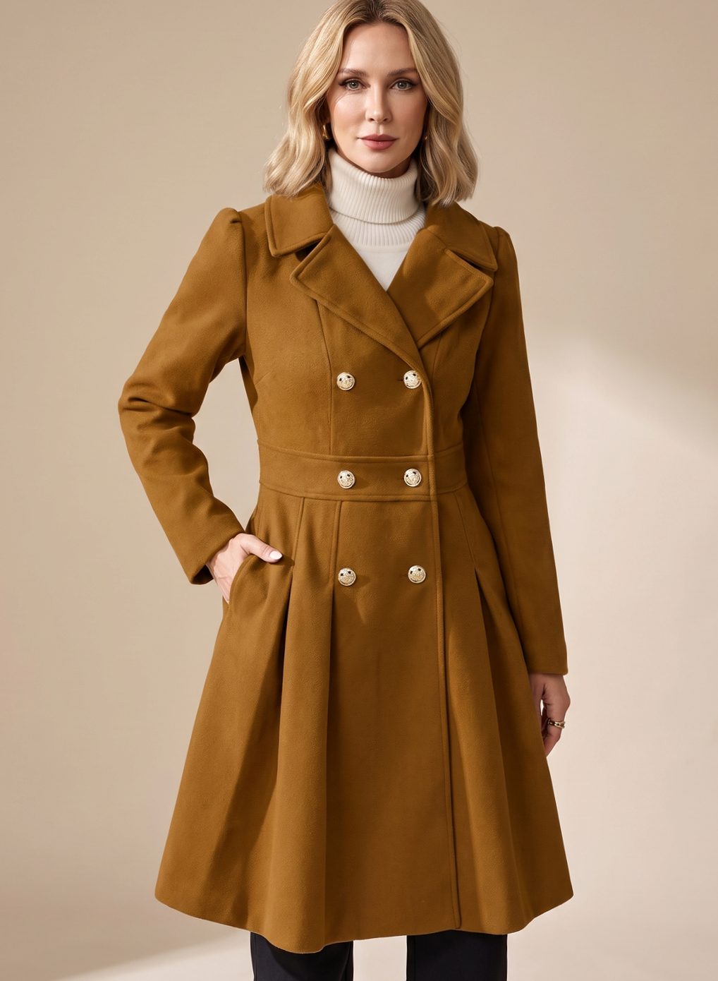Women's Wool-Blend Flared Pleat Coat with Wide Notched Lapels