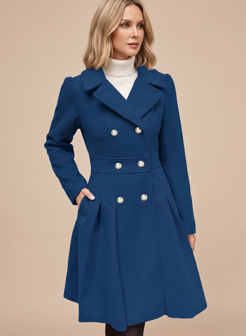 Women's Wool-Blend Flared Pleat Coat with Wide Notched Lapels