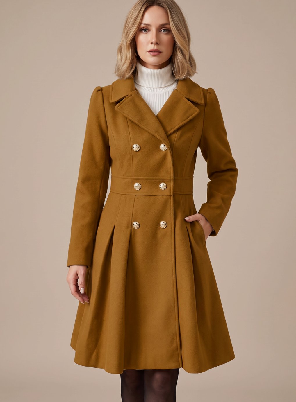 Women's Wool-Blend Flared Pleat Coat with Wide Notched Lapels - Camel