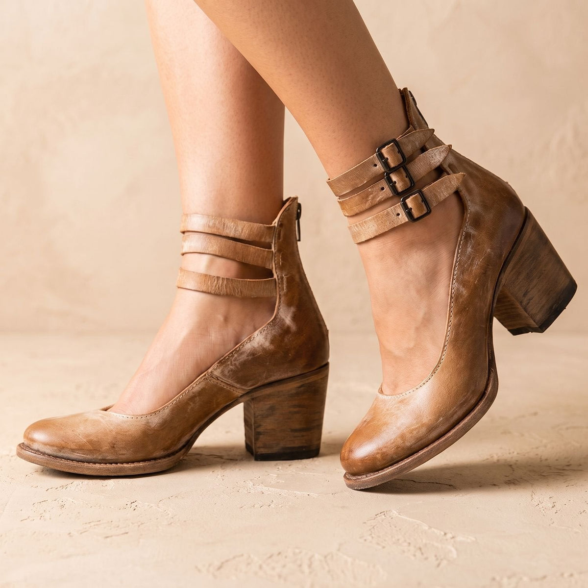 Women's Boho Distressed Leather Ankle Boots with Back Zip and Buckles