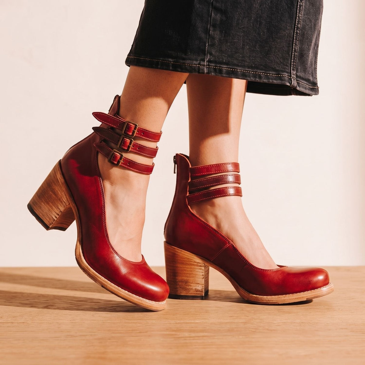Women's Boho Distressed Leather Ankle Boots with Back Zip and Buckles