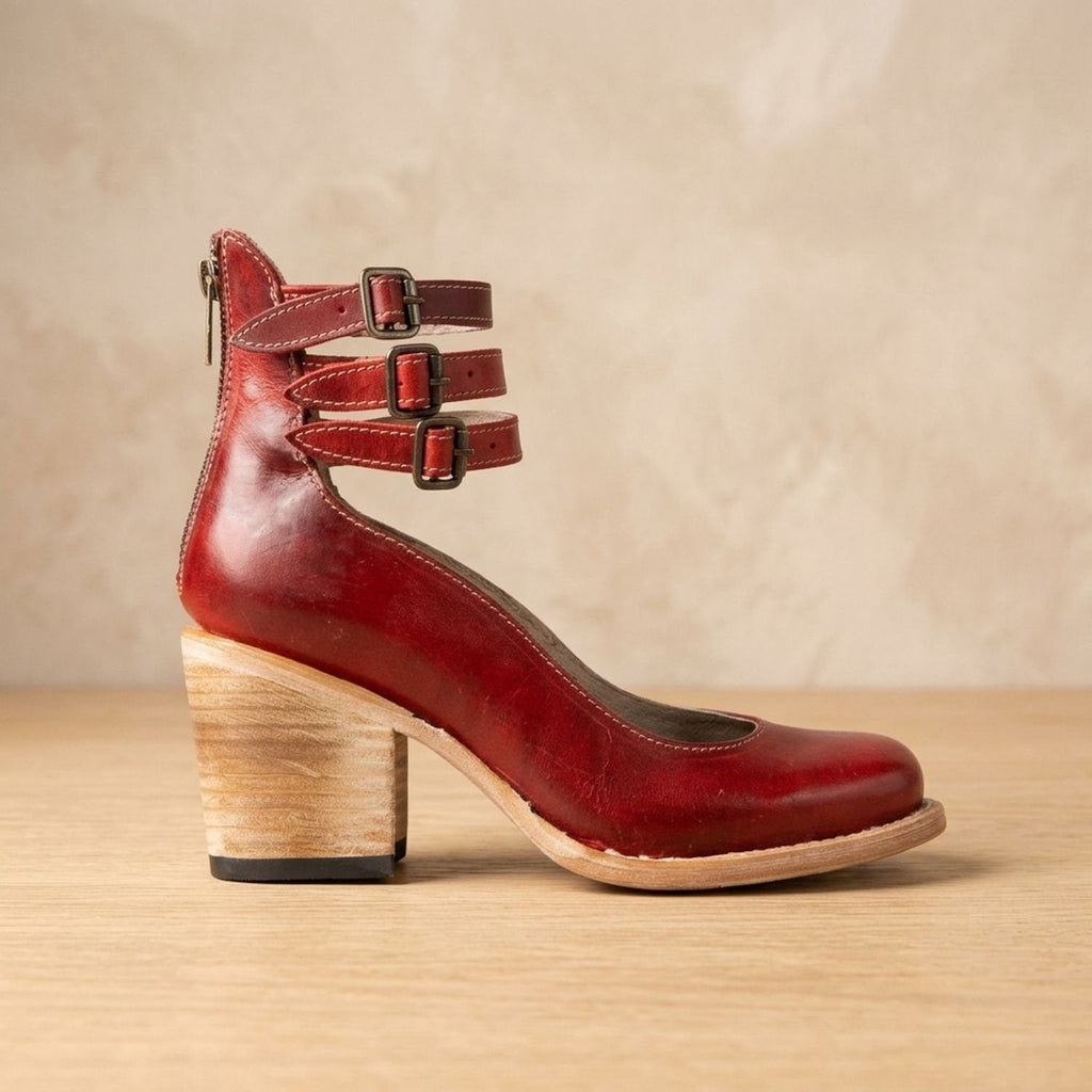 Women's Boho Distressed Leather Ankle Boots with Back Zip and Buckles
