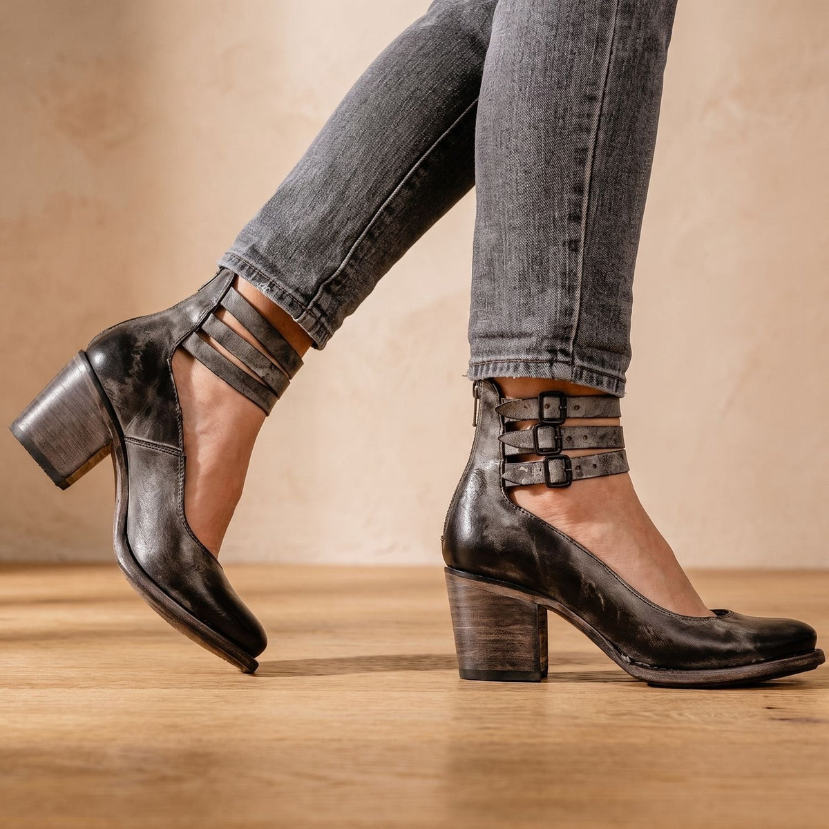 Women's Boho Distressed Leather Ankle Boots with Back Zip and Buckles
