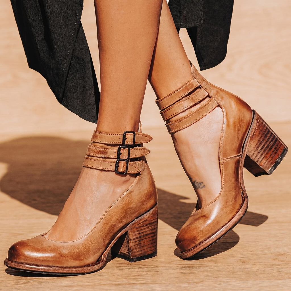 Women's Boho Distressed Leather Ankle Boots with Back Zip and Buckles - Brown