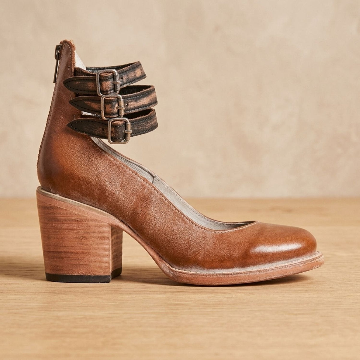 Women's Boho Distressed Leather Ankle Boots with Back Zip and Buckles