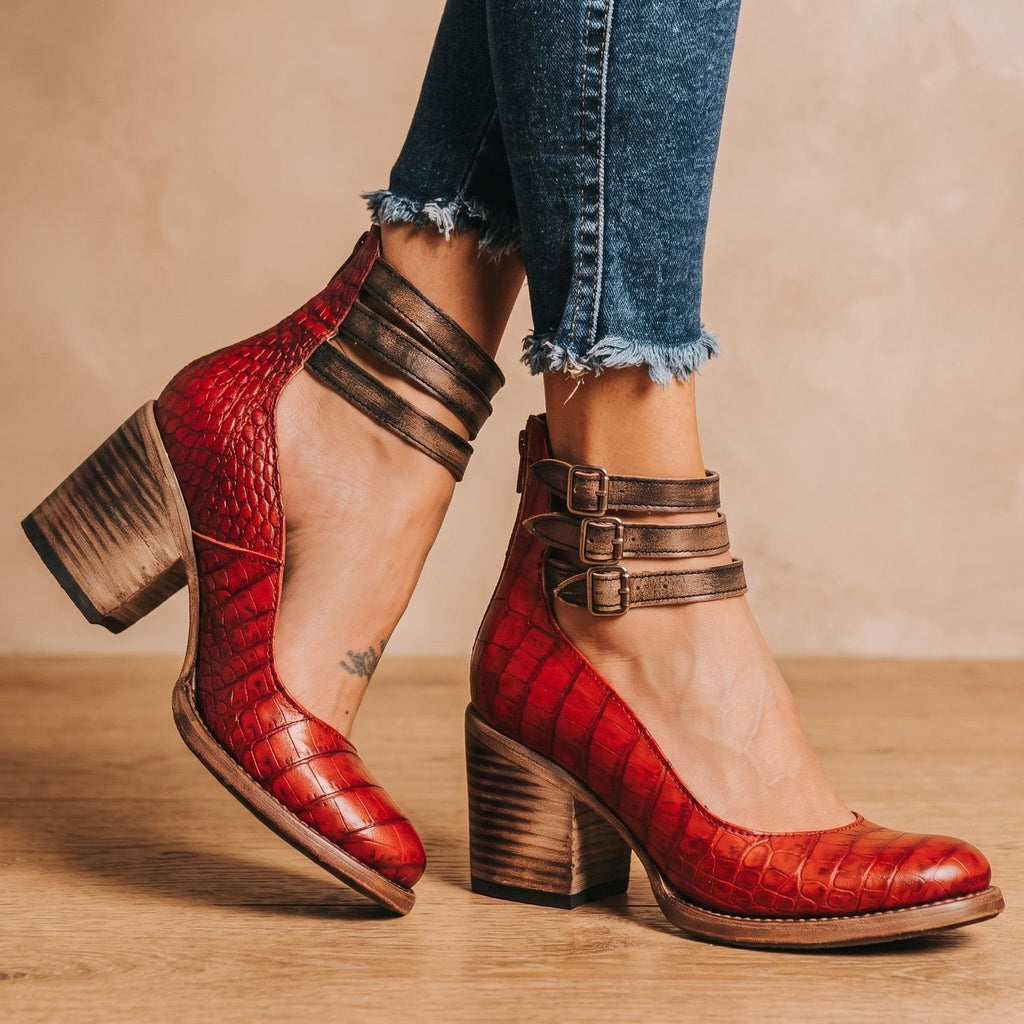 Women's Boho Distressed Leather Ankle Boots with Back Zip and Buckles