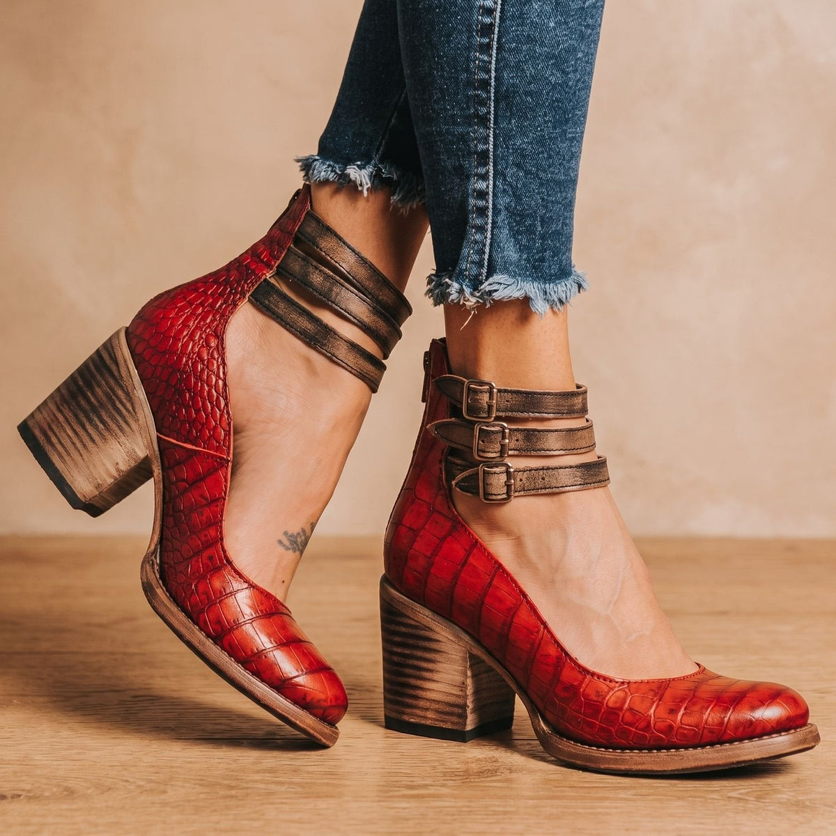 Women's Boho Distressed Leather Ankle Boots with Back Zip and Buckles