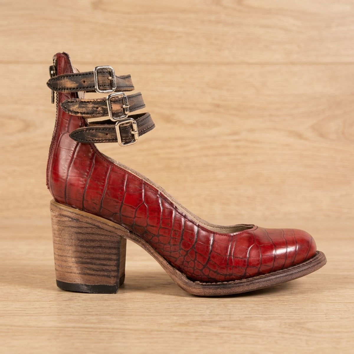 Women's Boho Distressed Leather Ankle Boots with Back Zip and Buckles