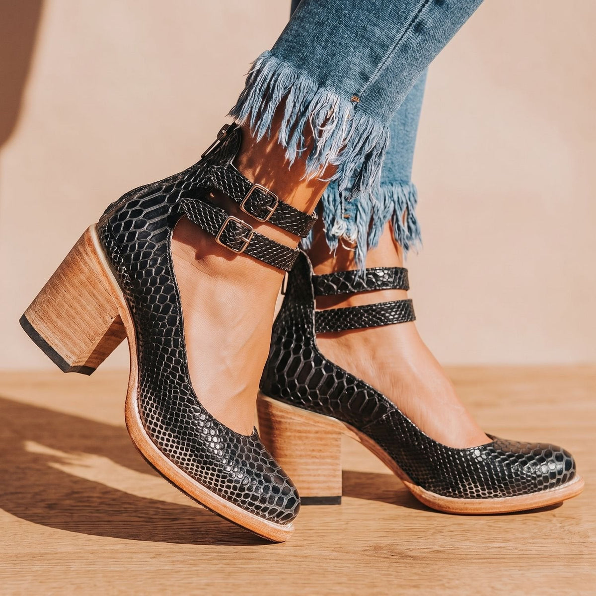 Women's Boho Distressed Leather Ankle Boots with Back Zip and Buckles