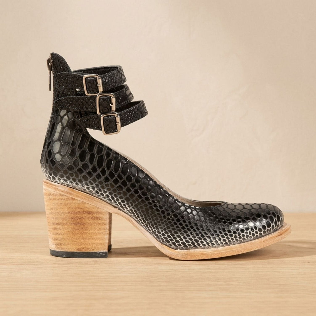 Women's Boho Distressed Leather Ankle Boots with Back Zip and Buckles