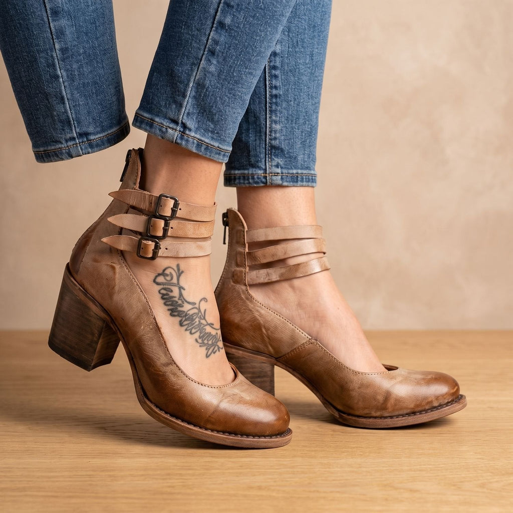 Women's Boho Distressed Leather Ankle Boots with Back Zip and Buckles