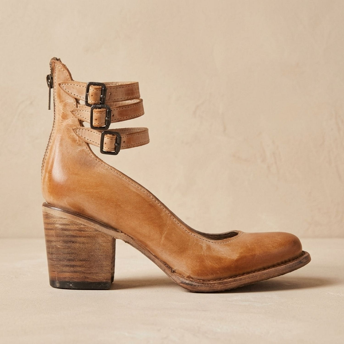 Women's Boho Distressed Leather Ankle Boots with Back Zip and Buckles