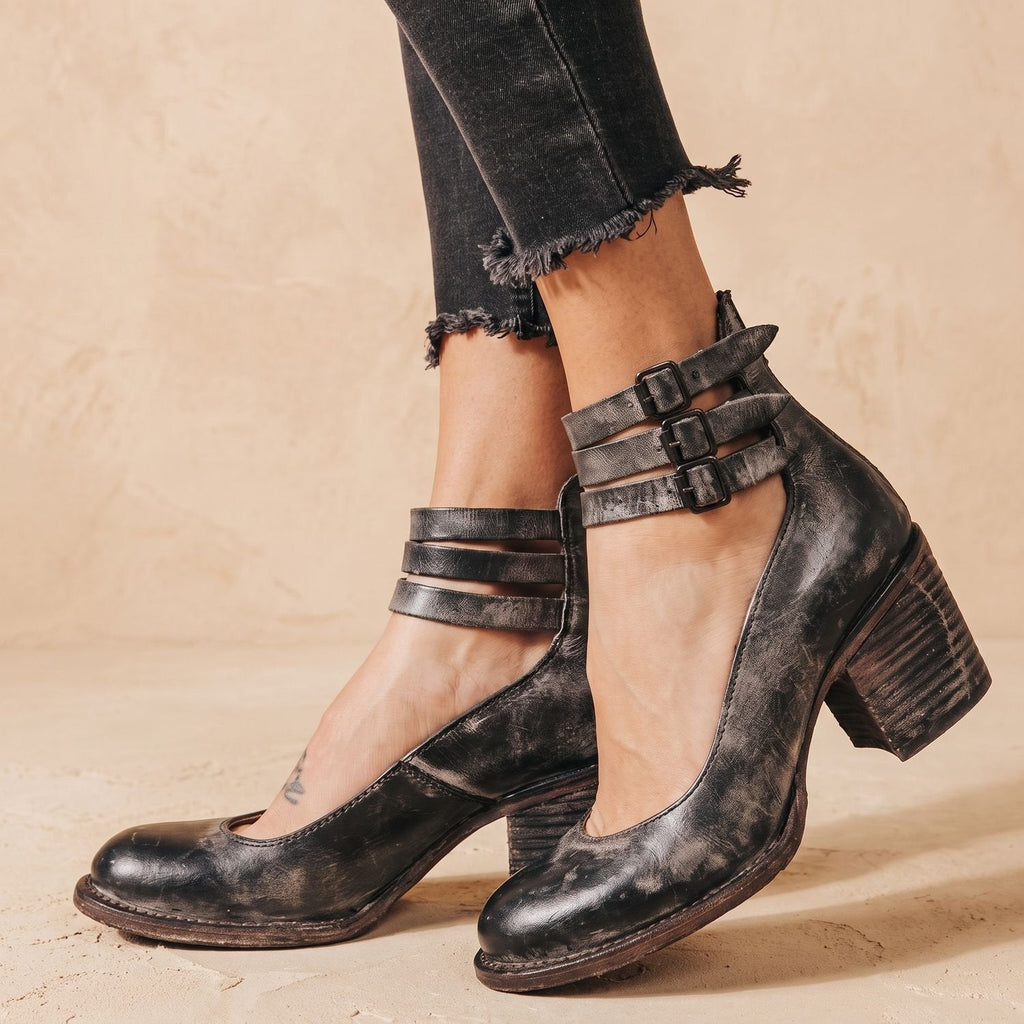 Women's Boho Distressed Leather Ankle Boots with Back Zip and Buckles
