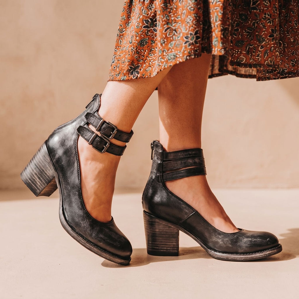 Women's Boho Distressed Leather Ankle Boots with Back Zip and Buckles
