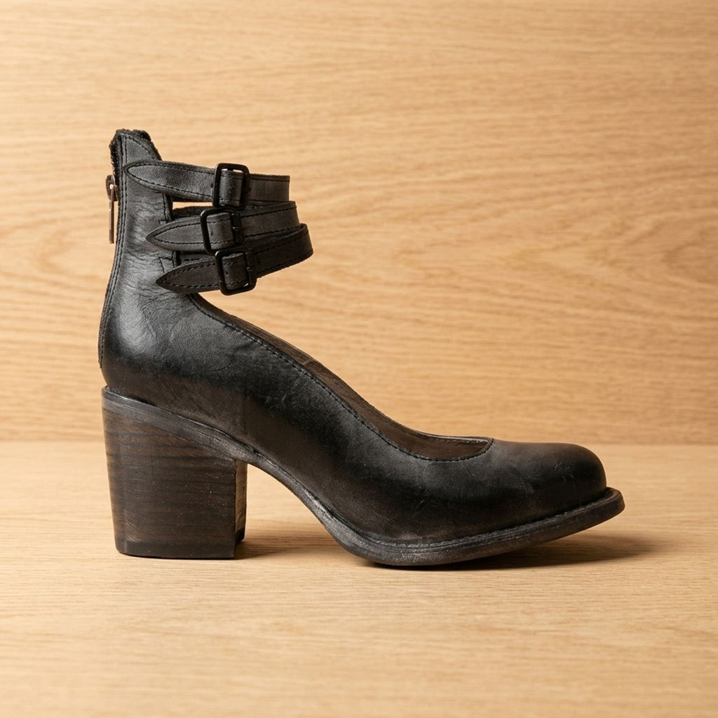 Women's Boho Distressed Leather Ankle Boots with Back Zip and Buckles