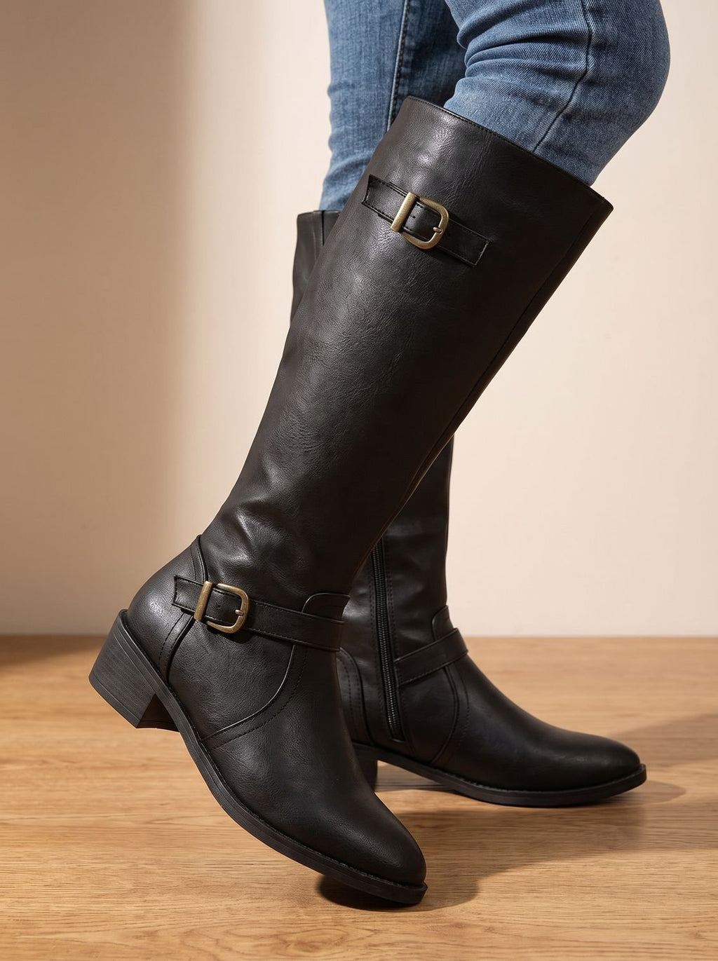 Women's Inner-Zip Faux Leather Tall Boots with Double Buckles