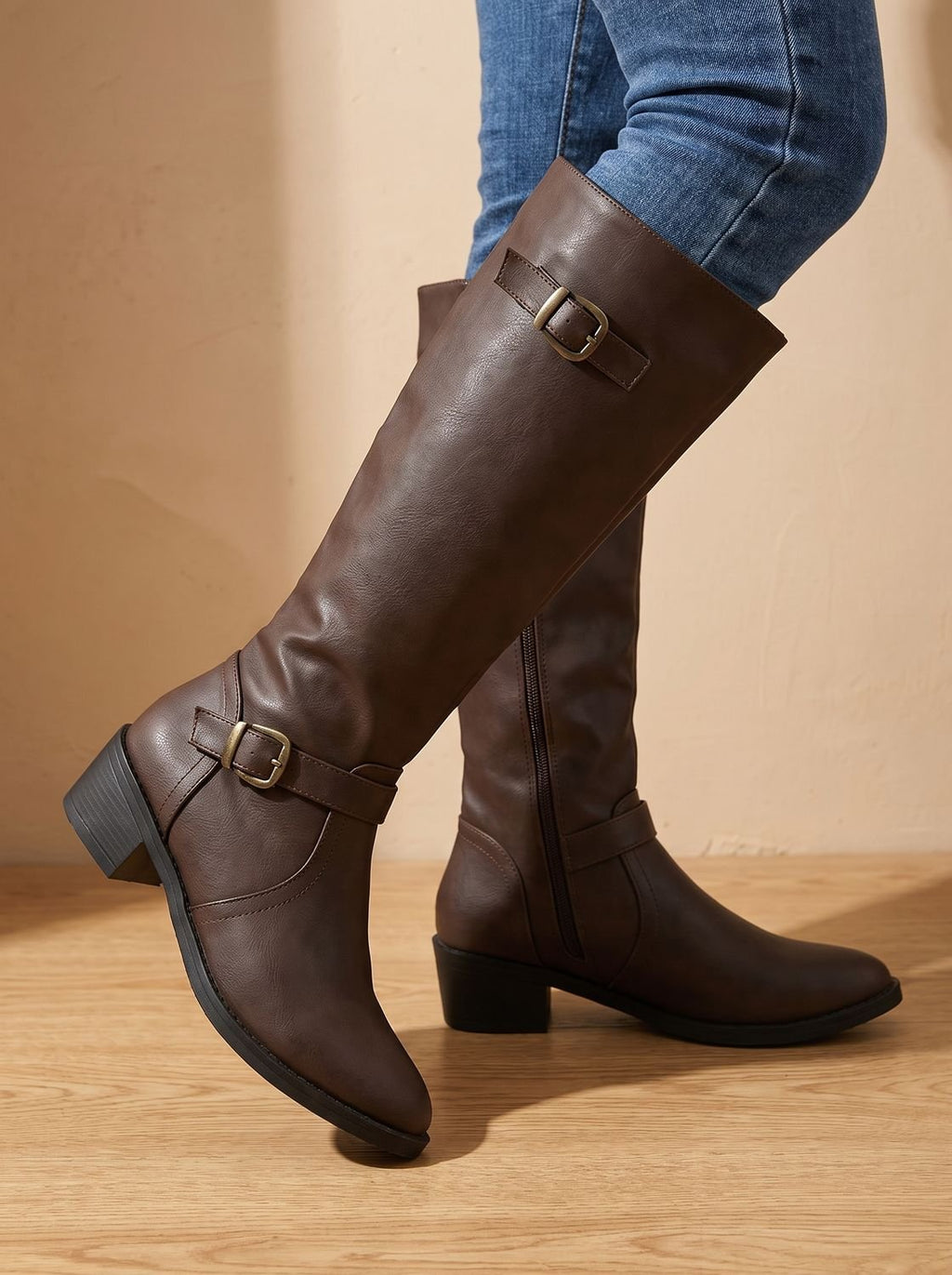 Women's Inner-Zip Faux Leather Tall Boots with Double Buckles
