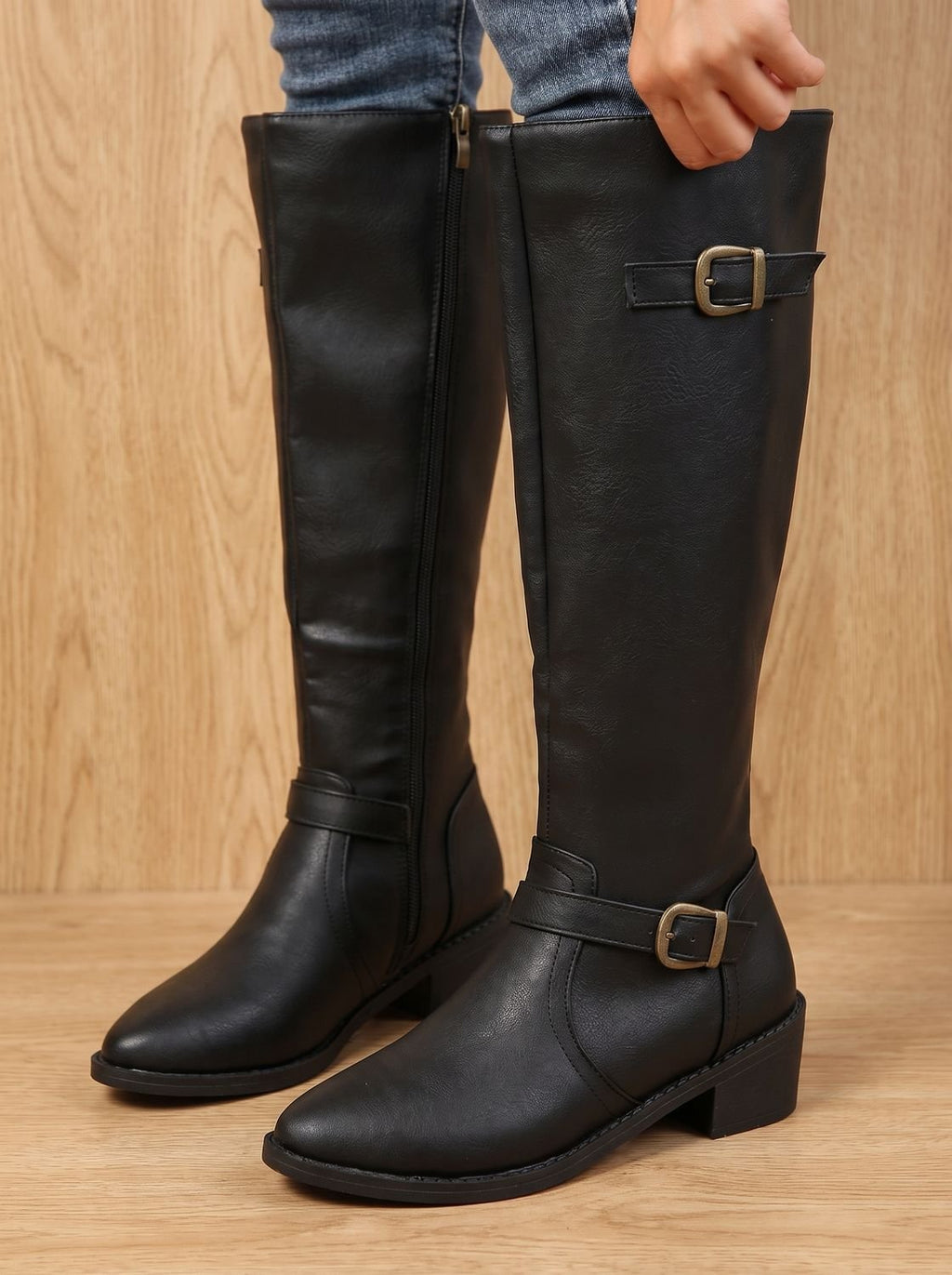 Women's Inner-Zip Faux Leather Tall Boots with Double Buckles