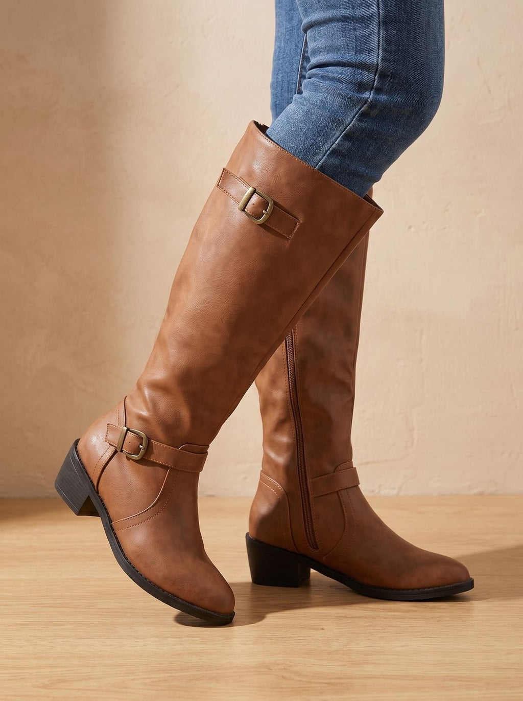 Women's Inner-Zip Faux Leather Tall Boots with Double Buckles