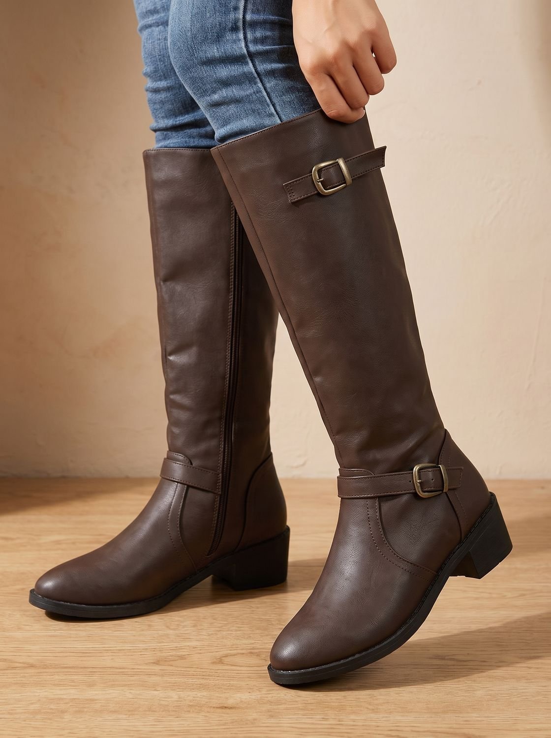Women's Inner-Zip Faux Leather Tall Boots with Double Buckles