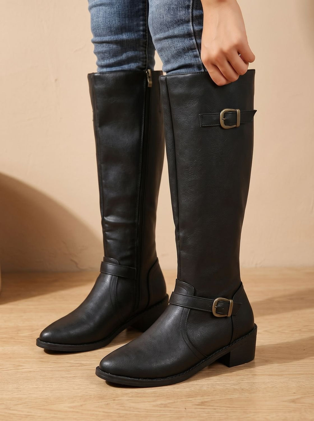 Women's Inner-Zip Faux Leather Tall Boots with Double Buckles - Black