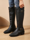 Women's Inner-Zip Faux Leather Tall Boots with Double Buckles - Black