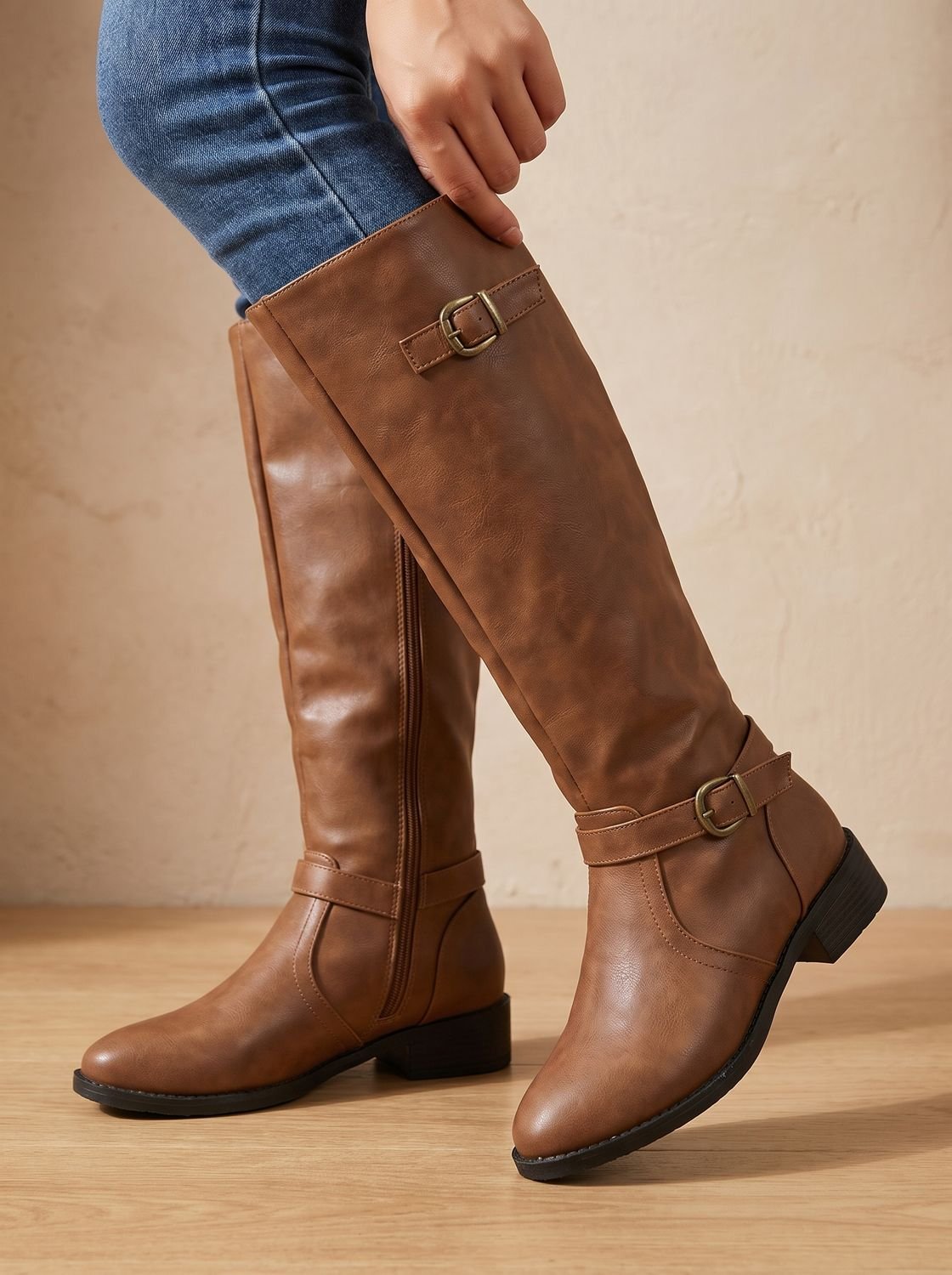 Women's Inner-Zip Faux Leather Tall Boots with Double Buckles