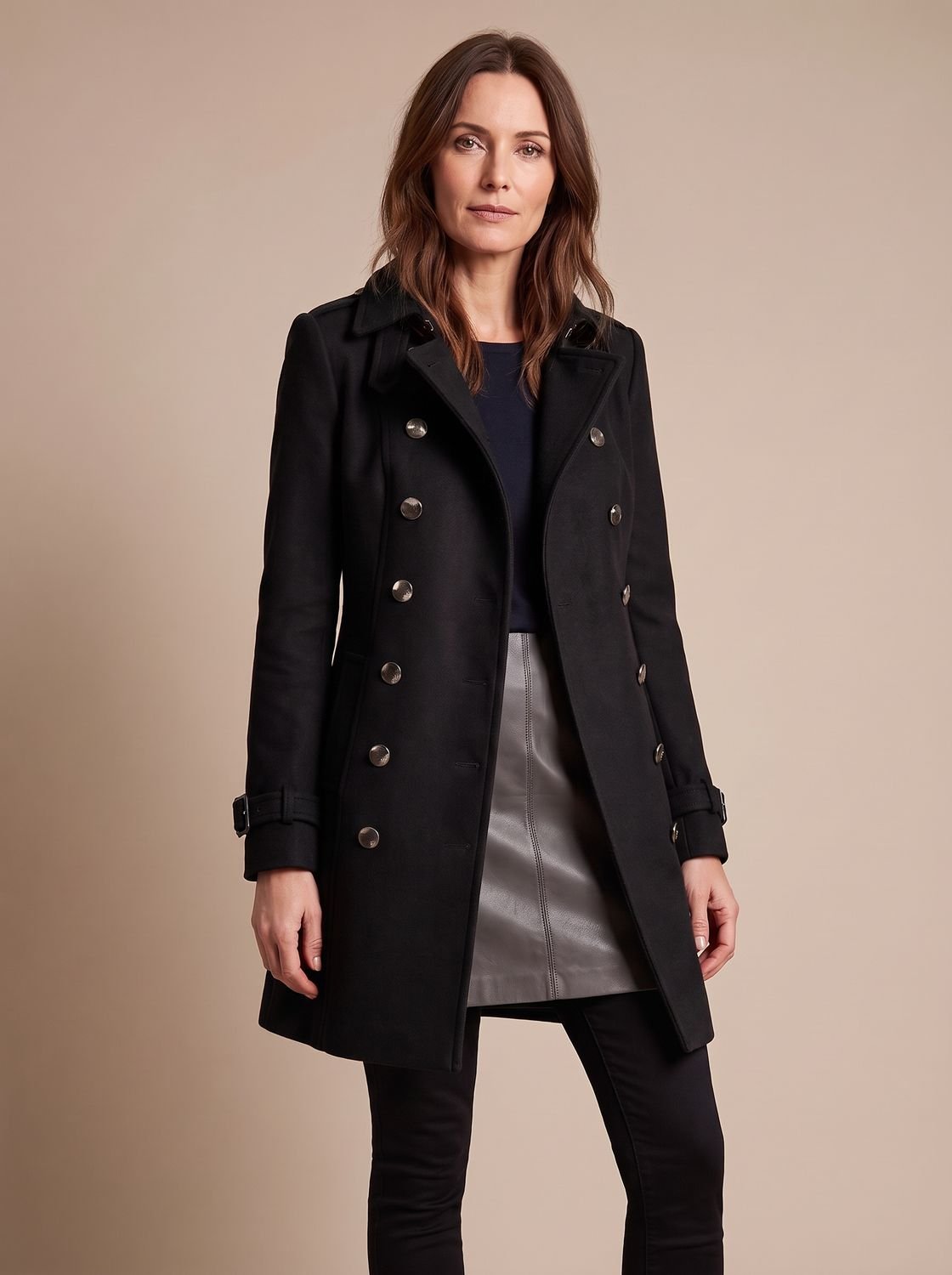 Women's Tailored Mid-Length Dress Coat with Double-Breasted Buttons - Black