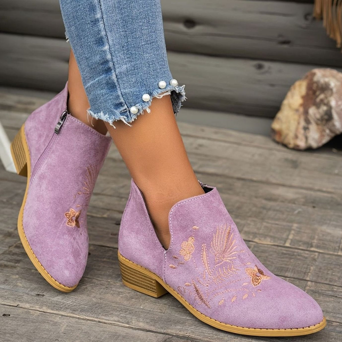 Women's Floral Embroidered V-Cut Booties with Side Zip