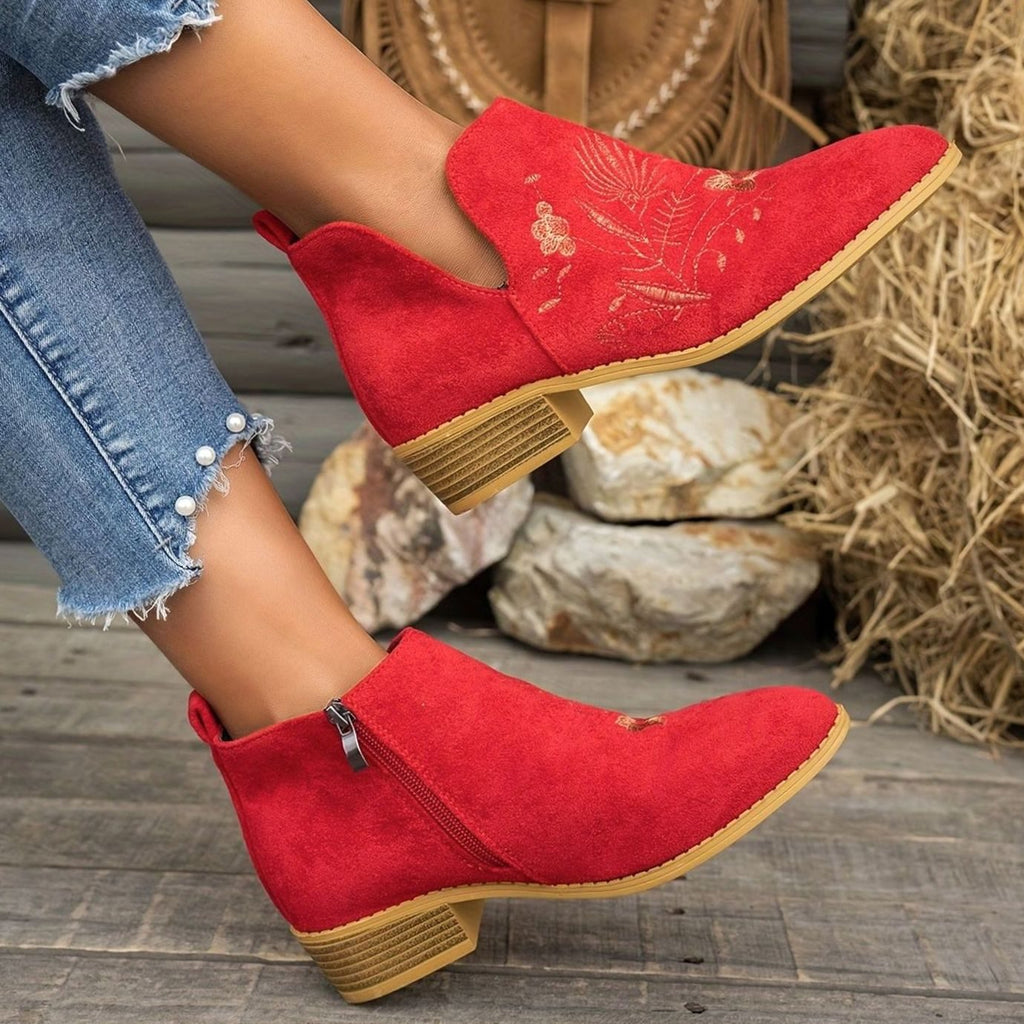 Women's Floral Embroidered V-Cut Booties with Side Zip