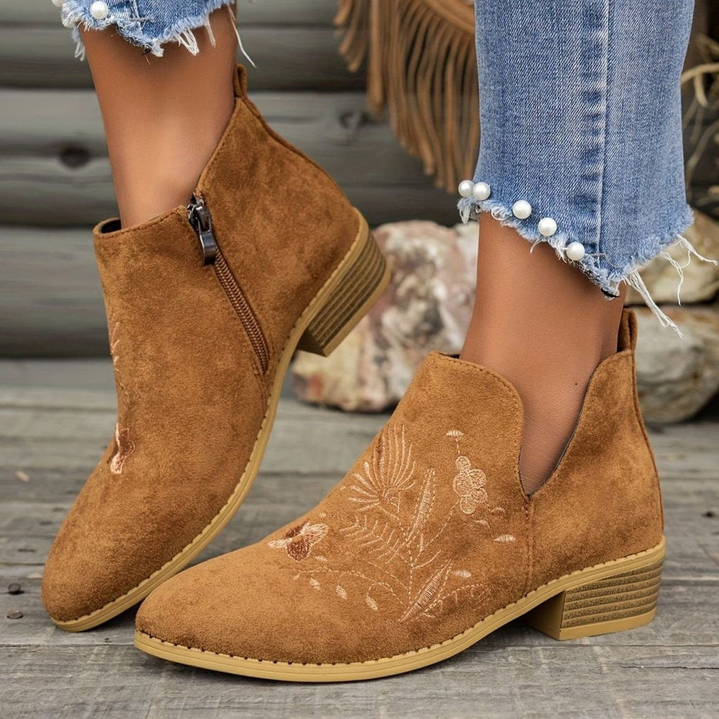 Women's Floral Embroidered V-Cut Booties with Side Zip