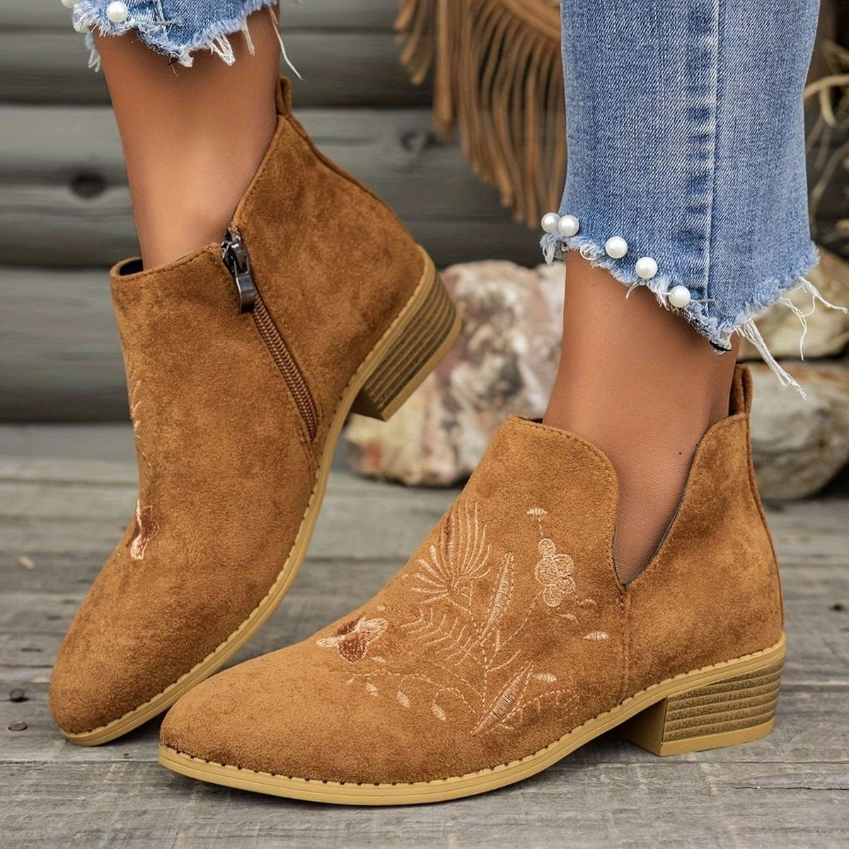 Women's Floral Embroidered V-Cut Booties with Side Zip