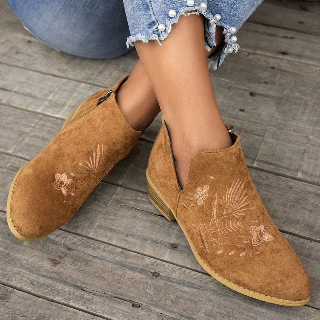 Women's Floral Embroidered V-Cut Booties with Side Zip